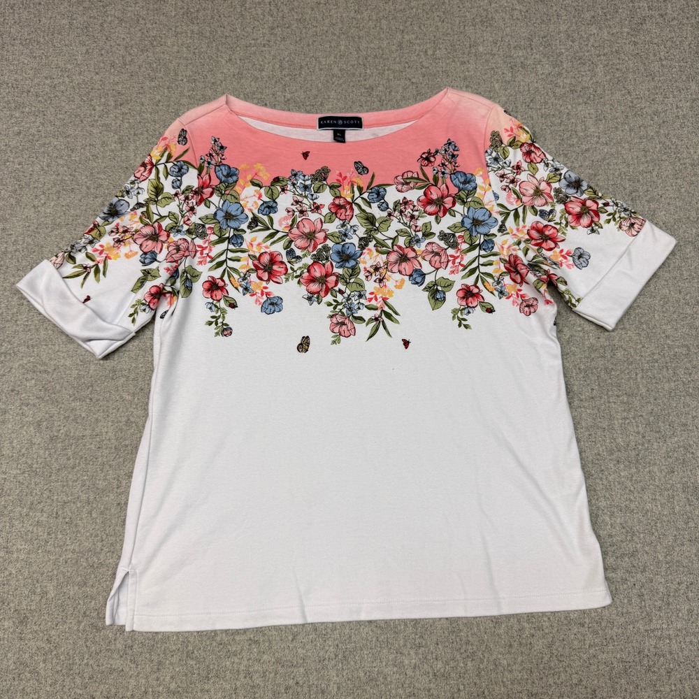 Karen Scott Floral Butterfly Top XL White Pink Blue Cuffed Sleeve Boat Neck Top
